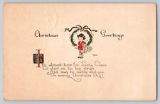 Postcard Christmas Greetings Young Girl With Dog Wreath Signed Vintage Posted picture