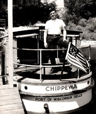 RPPC Man Stands On Boat 'Chippewa' w/ Flag PORT OF WISCONSIN DELLS VTG Postcard picture