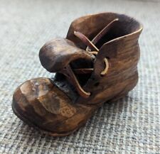 Vintage Miniature Hand Carved Wooden Work Boot Shoe w/ Leather Laces picture