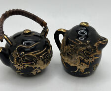 Vintage Japanese Salt Pepper Shakers Dragon Kettle Teapot Black Gold Glaze picture