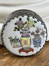 Asian ￼Silver Enamel Pill Box Trinket Mirror Vases Floral Flowers Hand Painted picture