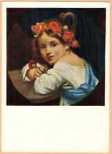 O. Kiprensky 1960 Russian postcard GIRL POPPY WREATH holds Carnation flower picture