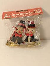 NOS Pack of 2 Vintage Wooden Snowmen Miniature Christmas Ornaments Japan picture