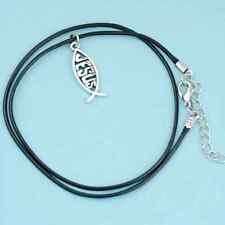 JESUS CHRISTIAN FISH NECKLACE Silver Ichthys Pendant & Leather Adj. Rope picture