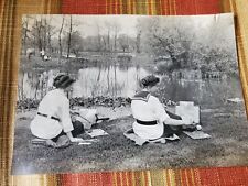 Antique Photograph 2 Girls Painting By Lake Pond Trees Art Beautiful 6.5