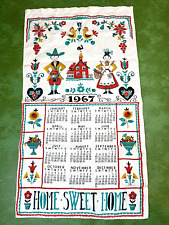 Mint Vintage 1967 Linen Calendar Kitchen Tea Towel Amish Dutch Folk Art Hearts picture
