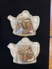 Tea Bag Holders Pair Tea Pot Shape Lucite Dried Floral Wood Spoon Churn VTG picture