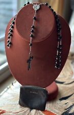 Antique Silver Rosary Black Beaded Chain W/ Black Leather Pouch 20” L picture