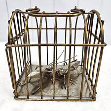 Brass Colored Cricket Cage With Door And Two Metal Crickets Inside Vintage picture