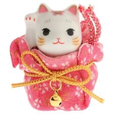 Japanese Porcelain Maneki Neko Lucky Cat with Pink Sakura Kimono Pouch Figurine picture