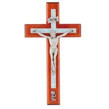 Crucifix with Baby Boy Blue Size 8 inches H Cherry Finish Comes Gift Boxed picture