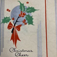 Vintage Early Mid Century Christmas Greeting Card Silver Holly Leaves Red Ribbon picture