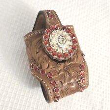 Vtg Western Tooled Leather Belt Clip On Phone Holder Red Rhinestones Cell Flip picture