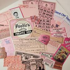 35 pink pieces vintage ephemera paper variety box lot tickets stamps labels Y picture