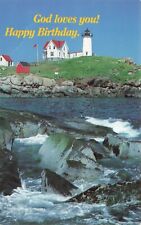 Postcard Lighthouse Station Tower Happy Birthday Greeting Waves Rocks God picture