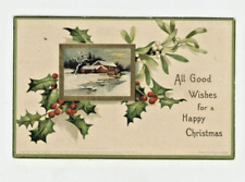 Vintage Christmas  Postcard   HOLLY     GOLD     EMBOSSED     POSTED 1907 STAMP picture