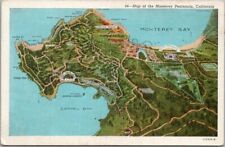 1930s MONTEREY PENINSULA, California Postcard Map w/ Carmel Bay / Curteich Linen picture