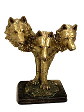 vintage 3 wolf heads on wooden stand bronze color statue sculpture figurines  picture