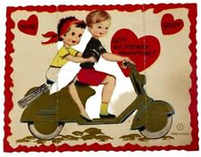 Vintage Die Cut Valentine Greeting Card Girl Boy Riding A Scooter Lets Go Steady picture