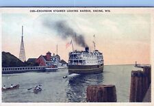 RACINE WI - Excursion Steamer Leaving Harbor Postcard picture