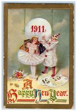1911 Happy New Year Jester And Ballerina Flowers Embossed Antique Postcard picture