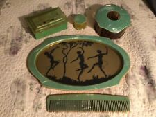 Vtg Pearlized Green Celluloid Dupont Pyralin Art Deco 5 pc Vanity Set picture