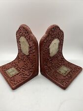 Vintage Asian Chinese Cinnabar Bookends With Hand Carved Jade Accents picture