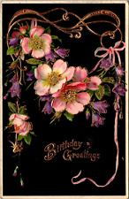 Postcard Birthday Greetings Pink Floral Embossed Gold Ribbon  c1910 picture