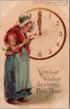 Vintage Tuck's HAPPY NEW YEAR Greetings Postcard Woman / Clock - 1907 Cancel picture