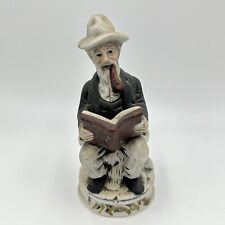 Vintage Old Man Figurine Sitting On Bench Smoking Pipe Reading Book picture