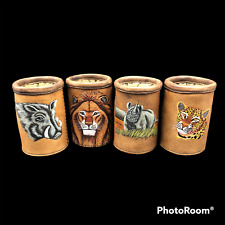 Set of 4 Vtg Africa Corps Co F MSGBn Leather Drink Holders Hand Painted Safari picture