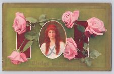 Postcard Pledge Of Friendship Beautiful Lady Pink Roses Flowers Antique Unposted picture