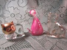 3 Art Glass Cat Figurines Clear Pink Gold Paperweight Adorable Collection picture