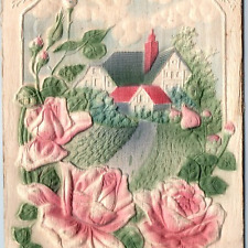 c1910s Birthday Greetings Heavy Embossed Large House Farm Homestead Rose PC A243 picture