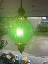VTG GILBERT Mid century bubble shape glass ball swag hanging Lamp, Green/Brass picture