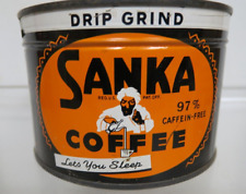 Vintage Sanka 1lb Coffee Caffeine Free Can Unopened NOS Full Key Wind Sealed Tin picture