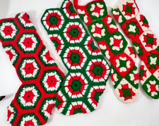 4 Vintage Christmas Stockings Crochet Granny Square Red White Green Handmade picture