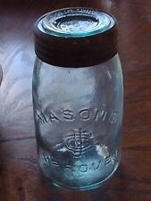 Antique Qt. Aqua Jar~MASON'S CFJCo IMPROVED Comp.w/Glass Lid & Metal Band~
