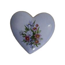 Vintage Blue Heart Shaped Trinket Box with Flowers Ceramic  picture