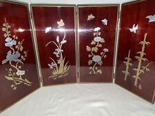 Korean 4 Panel Lacquer Table Screen Inlaid Metal Four Seasons Flowers 12” Tall picture