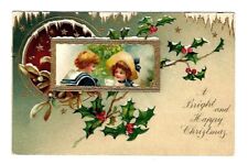 c1908 Int'l Art #776 Christmas Postcard Boy & Girl in Gold Frame, Embossed picture