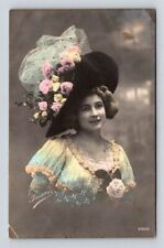 RPPC Beautiful Antique French Lady Postcard Large Hat & Roses Postcard picture
