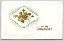 Greetings~Hearty Congratulations~Clover Flowers W/ Ribbon~PM 1916~Emb~Postcard picture