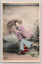 Japanese Geisha Kimono Umbrella Hand Colored Tinted Antique Postcard Japan picture