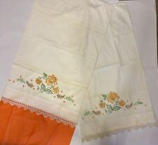 1 Pair Off White Pillowcases With Embroidered Flowers Hand Crochet Lace Edge picture