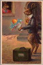 Vintage 1908 EASTER Embossed Postcard DRESSED RABBIT w/ Egg & Flower Bouquet picture