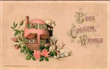 Antique Winsch Postcard Best Easter Wishes Rabbits Egg House Pink Roses   1914 picture