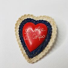 VTG WWII 40s ‘In The Air Corps’ Plastic Pin, Broken Clasp, Heart Shape Lace Edge picture