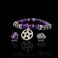 Amethyst & Hematite Rhinestone Pentacle Bracelet Beaded Charm Jewelry Stretch picture