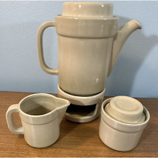 Pfaltzgraff Vintage Oatmeal Teapot With Warming Stand And Cream & Sugar Set GUC picture